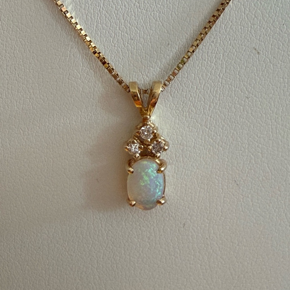 Gold Opal and Diamond Pendant Necklace 18 inch 14k box chain neckWomen's Jewelry